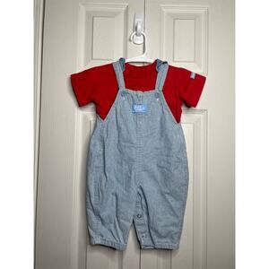 Vintage Osh Kosh B'Gosh Boys 3/6 Mo Blue Overalls Outfit Red Shirt Made in USA